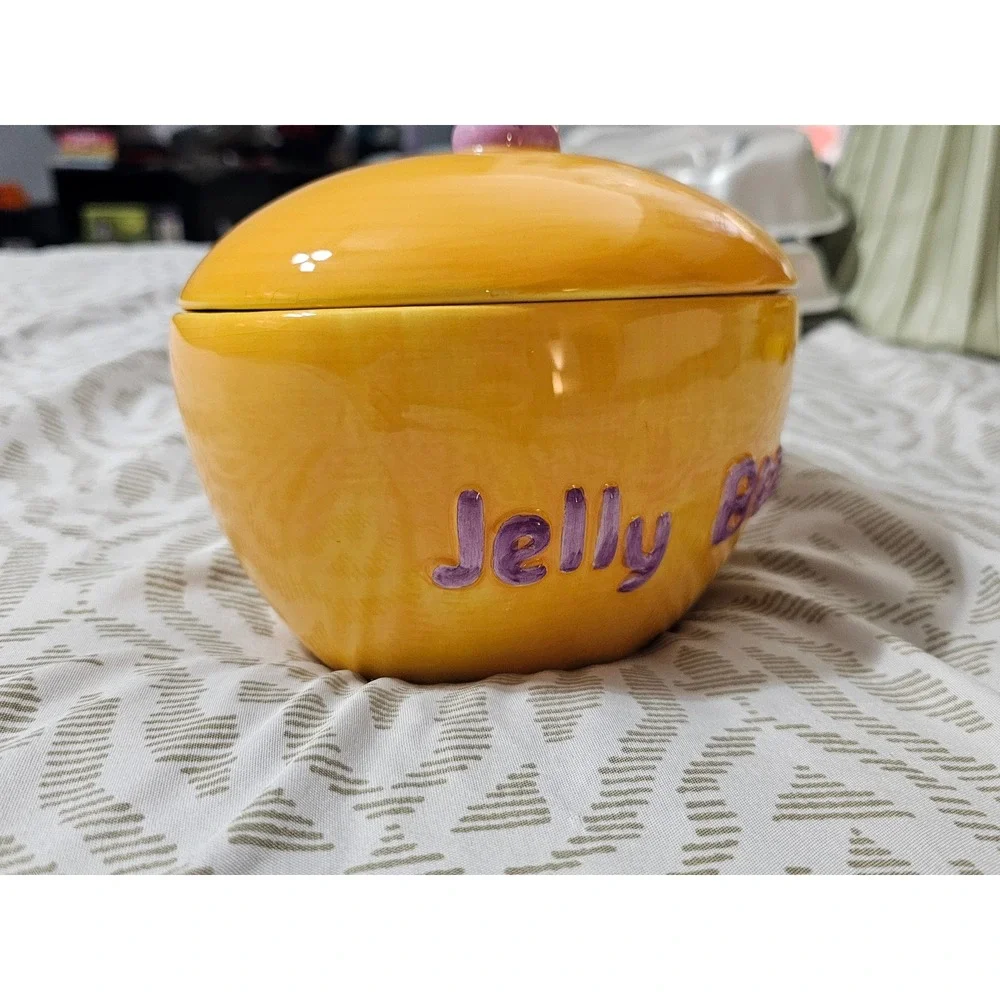 Vintage 1988 Applause Jelly Belly White Bunny Plush & Yellow Ceramic Candy Jar